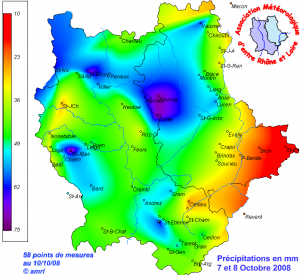 Carte cumul pluviomètrique des 7 et 8 Octobre 2008